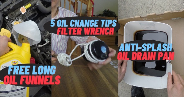 Five DIY Oil Change Tips; Free: Long Oil Funnels, Anti-Splash Oil Pan & Useful Oil Filter Wrench