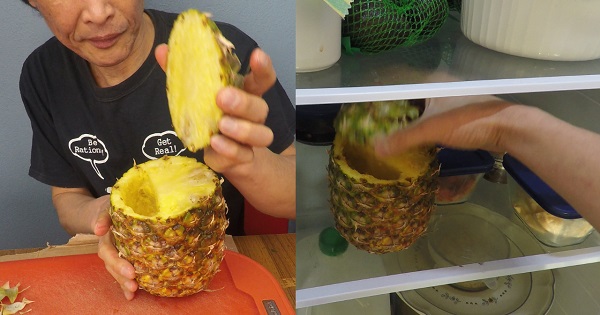An efficient way to cut and consume a pineapple without mess or waste of fruit